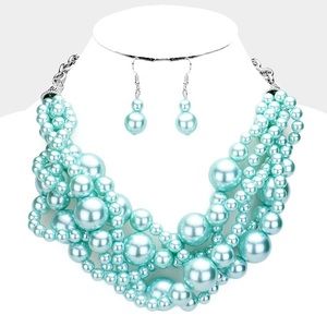 Light blue multi strand pearl necklace set